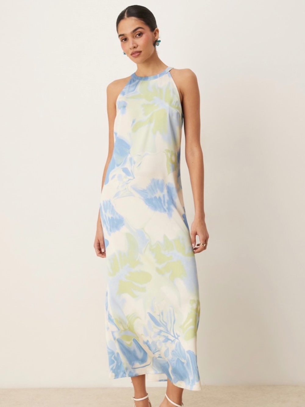 Satin high-neck maxi dress in a blue and green floral marble print by vila